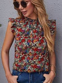 Ruffled Collar & Sleeve Floral Print Blouse - Multicolor - View 1
