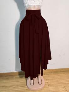 女士纯色系带休闲半身裙 春季优雅 - 酒紅色 - 查看 2