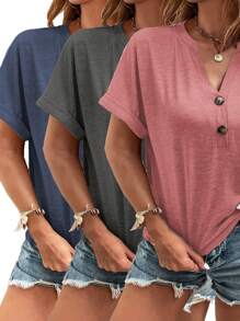 3 Pack Damen Oversize T-Shirts mit V-Ausschnitt, Loose Fit