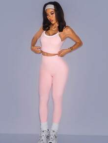 2025 新款尼龙白色衬里粉色女士瑜伽裤套装高腰弹力提臀露背速干瑜伽上衣无缝运动胸罩+紧身裤套装 - 粉色 - 查看 3