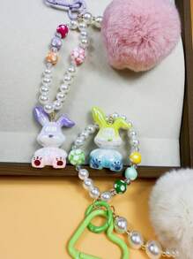 Creative DIY Cute Fresh Furry Pompom & Pearl Beaded Candy Color Rabbit Keychain Bag Pendant