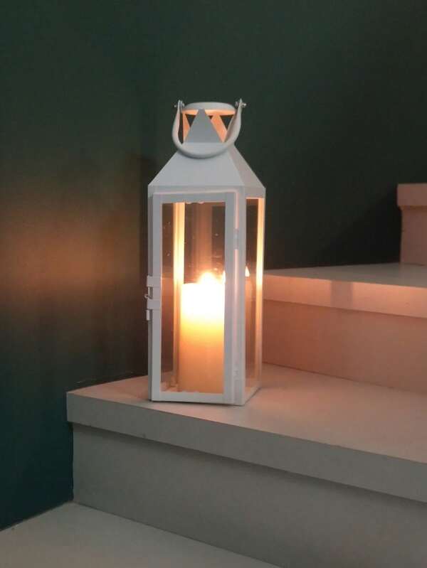 1 pièce Lanterne à bougie en métal blanc élégante, lampe décorative résistant au vent en verre pour la décoration de la maison, du jardin, de mariage