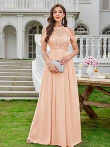 MIUSOL 优雅高领亮片花卉蕾丝露肩晚礼服 - 香檳色 - 查看 8