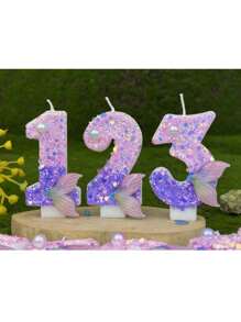 1 Stück lila Meerjungfrau Nummer Kerze, 0-9 Nummer Kerze, mit lila Pailletten und lila Fischschwanz, geeignet für Meerjungfrau-Thema Tortendekor, Geburtstagskerzeg, handgefertigt DIY Herstellung, Position kann leicht variieren