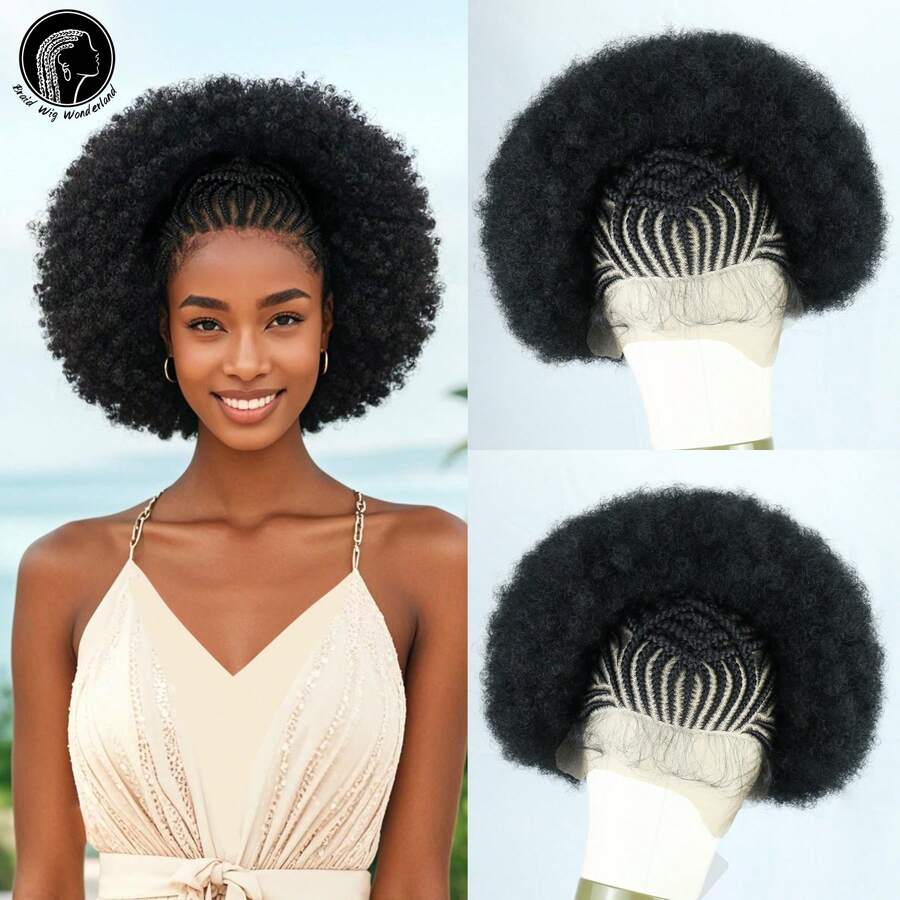Cornrow Afro Puff Wig 13"X6" HD Lace Front Wig With Baby Hair Braided Synthetic Lace Frontal Wigs For Women Natural Hairstyle For Daily Party Parties, Etc - Black - View 1