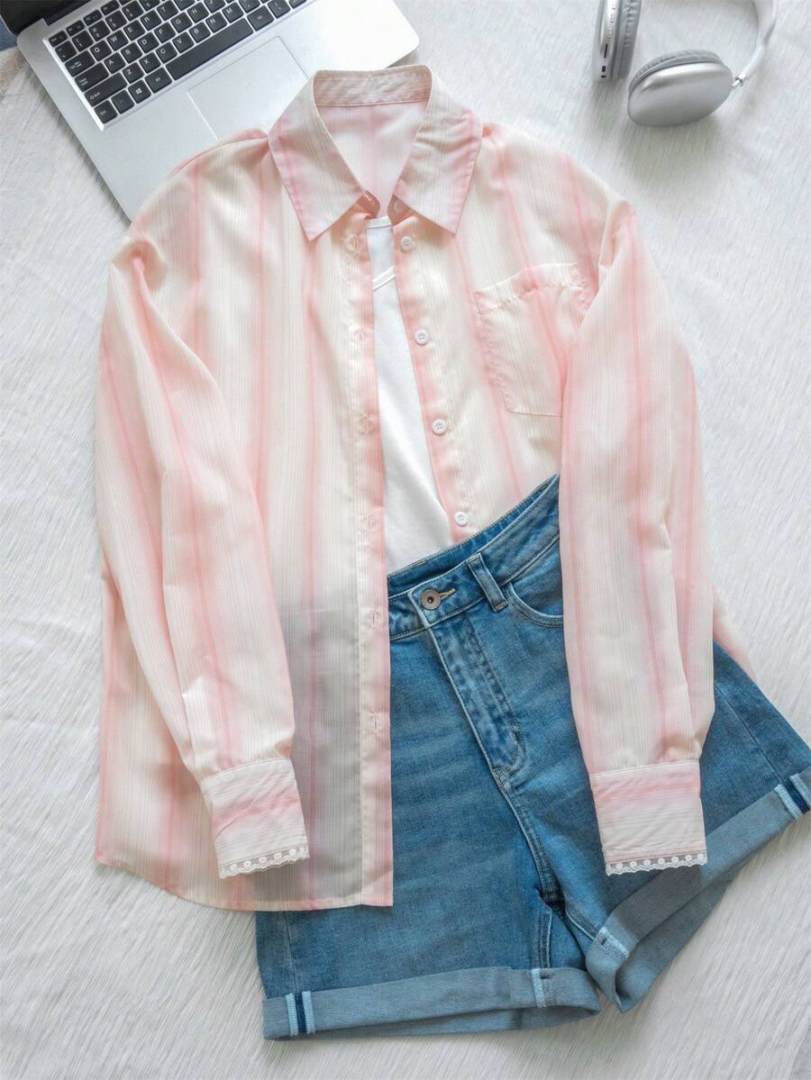 Women's New Korean Slouchy Long Sleeve Playful Casual Color Patchwork Shirt, Lace Girl's College Style Striped Coat With Pocket Sunscreen Cardigan, Daily Wear, Go Out, Home, Dating, Travel Vacation - Pink - View 1