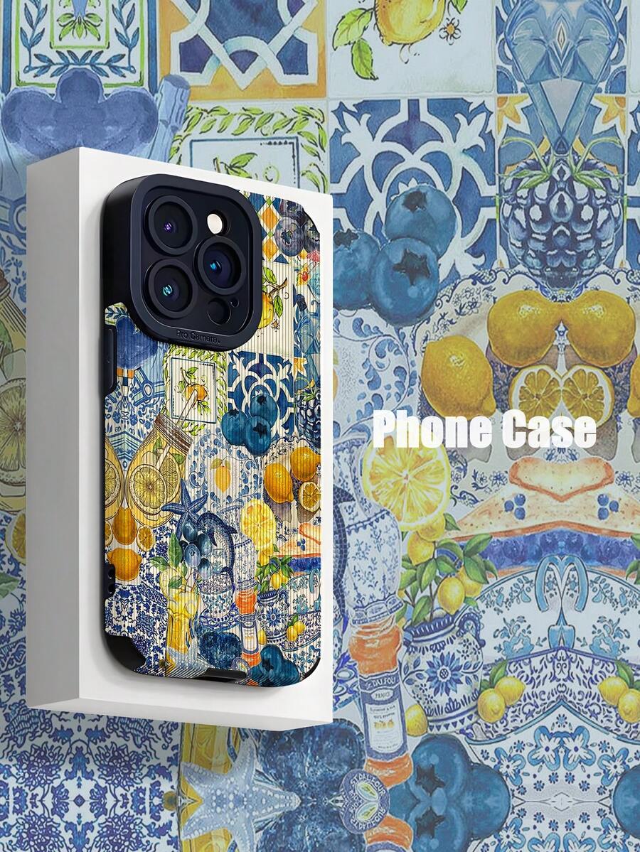 1pc Blue Vintage Floral & Lemon Mosaic Design Classic Anti-Scratch Soft TPU Phone Case Compatible With Apple 16/16 Plus/16 Pro/16 Pro Max And - Multicolor - View 1