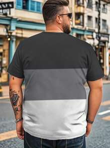 Plus Size Men's Tri-Color Patchwork Casual T-Shirt, Minimalist Bird Emblem Design Breathable Loose Fit Short Sleeve Tee