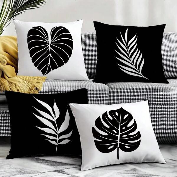 4pcs Simple Daily Black & White Leaf Pillow Covers, Single-Sided Printed Soft Peach Skin Velvet Material, 45*45/50*50/40*40CM Cushion Covers Suitable For Room Decor, Indoor Sofa Living Room Decor, Party Decor, Decorative Pillow Cover Gift