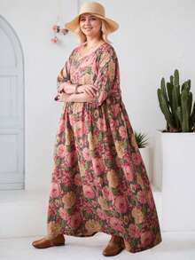 上衣，中国春节，2026 女装，女士加大码睡衣内衬，夏季新款波西米亚休闲度假优雅沙滩装，圆领短袖印花宽松连衣裙，