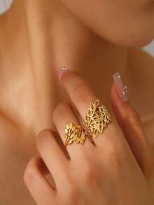 1pc Stainless Steel Leaf Ring For Women, Wide Band Floral Decoration - Leaves - View 4