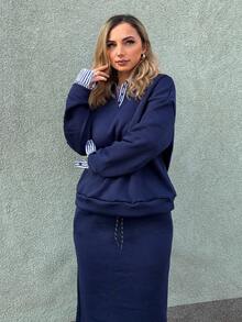 Jeta Ari 2pcs Women Contrast Color Splicing Loose Long Sleeve Sweatshirt & Straight Skirt Set - Navy Blue - View 2