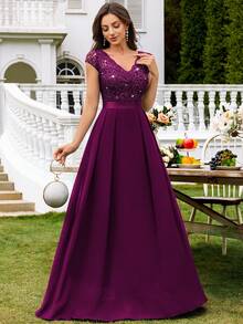 MIUSOL V Neck Sequin Lace Cap Sleeve Chiffon Pleated Hem Evening Party Maxi Dress, Elegant Party Dress For Women, Formal Evening Gown, Prom Dress, For Wedding Guest, Graduation, Dinner - 紫紅色 - 查看 6