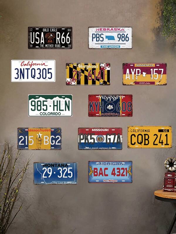 1pc Vintage State License Plate Metal Signs, Metal Car Plaque, Decorative License Plate, American License Plate Tin Signs, Hanging Wall Art Posters, Mixed Colors, Retro Wall Art Decor, Man Cave Garage Bar Home Decoration, Perfect Gift For License Plate Collector, 6x12inches
