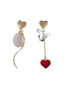 Hoa tai hình thỏ bất đối xứng & đồng hồ & trái tim đỏ ngọt ngào & lãng mạn cho ngày lễ tình nhân, mẹ, mẹ, ngày của mẹ, quà tặng - Đỏ - Xem 4