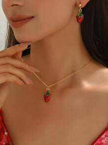 3pcs Set Summer Elegant Metallic Delicate Cherry Necklace & Earrings Jewelry Set, Suitable For Daily Wear Or Gift