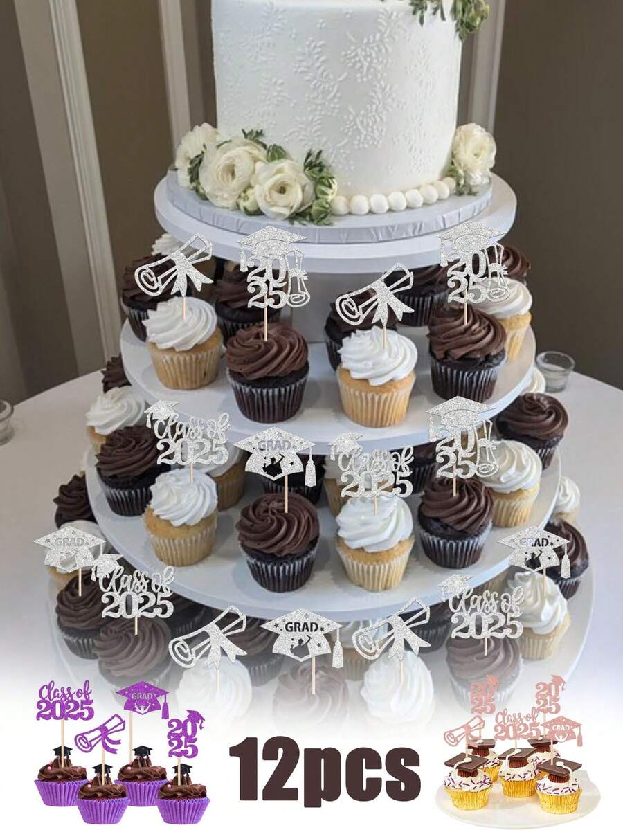 Lot De 24 Décorations De Cupcakes à Paillettes Argentées En Forme De Chiffre 2024 Pour Le Nouvel An, Anniversaire, Remise De Diplôme, Mariage