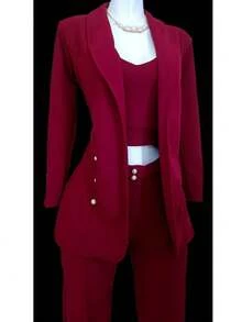 Conjunto Elegante de Tres Piezas para Mujer – Blazer, Top y Pantalón a Juego – Estilo Formal y Casual con Detalles de Perlas - Rojo violeta - Ver 2
