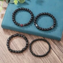 4pcs/Set Punk Rock Grunge Map & Stone Beaded Layered Stretch Bracelet Set, Versatile & Stylish Design For Men Everyday Wear - Burgundy - View 2