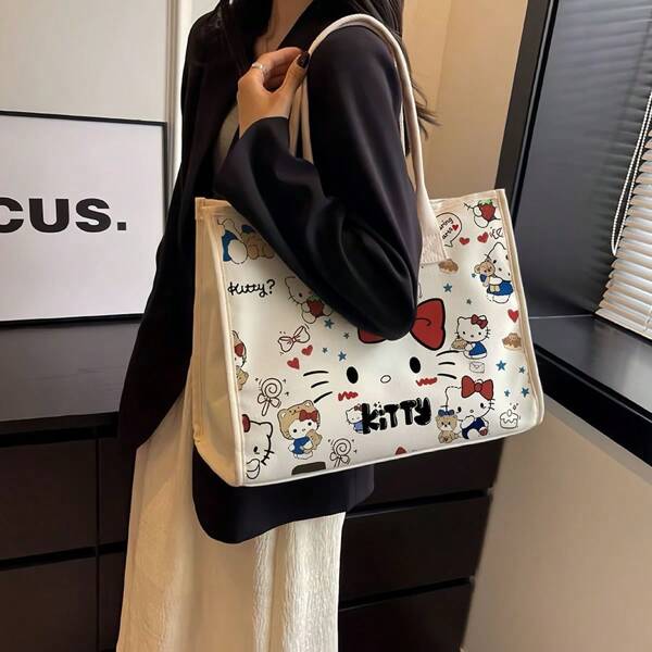 Sanrio 1 pezzo/Borsa a tracolla con gatto cartoni animati altamente attraente in più colori, borsa in tela versatile e dalla grande capacità per pendolarismo, uscite, forniture scolastiche, ritorno a scuola