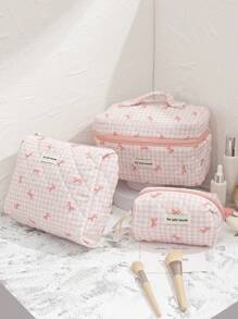 1 Piece Pink Plaid Cosmetic Bag, Bow Pattern, Girly Heart Design, Multifunctional Cosmetic Storage Pouch Portable Cosmetic Brush Clutch Bag With Zipper Closure, Ready For Lipstick