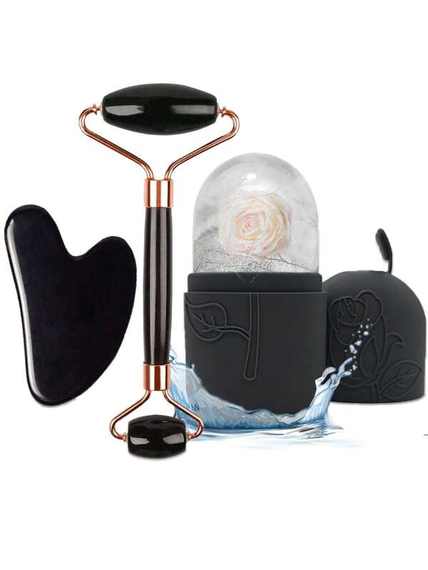 3Pcs Ice Face Roller -Facial Skincare Ice Roller Set,Facial Massage Tool,Silicone Ice Face Roller, Lce Roller,Rose Quartz With Roller Massager And Scraping Gua Plate,For Face & Eye Puffiness Relief, FacialMassager Contour And Enhance Skin Care & Glow,For Eyes, Neck, And Face,Lce Facial RollerMold Cub- Skin Care Toole.Summer Ice Massage Products,Office Supplies School Supplies Travel Essentials.