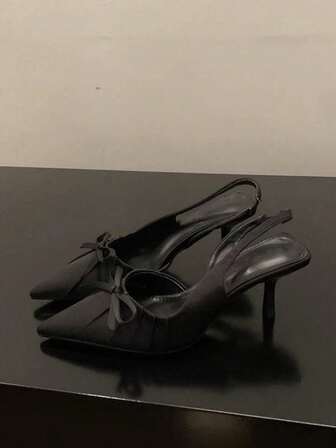 2025秋冬季黑色闭趾高跟凉鞋，蝴蝶结尖头时尚鞋，夏季，优雅，女士高跟鞋，优雅，猫跟鞋