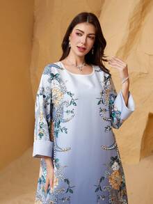 Eid Al-Adha Ramadan Collar V-Neck Long Dress, Regular Fit, All-Over Floral Print, Soft 75D 4-Way Stretch Fabric, Regular Sleeve, Glitter, Rhinestone, Embellished Bust, Elegant Arabic Style Kaftan Robe Jalabiya, Modest - NC17 - View 2