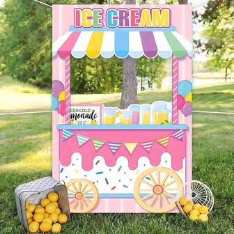 1pc Icecream Truck Photo Booth Background, Cartoon Summer Lemonade Stand Pattern, Suitable For Daily Summer, Birthday Party, Festival Decoration, Photography Props, Mother's Day