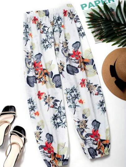 Women's Floral Print Drape Ankle Pants, Suitable For Teacher's Office