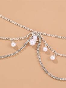 1 pieza Cadena para la cabeza con cuentas de perlas falsas y rhinestone estilo bohemio, diadema hecha a mano de cadena metálica, estilo romántico para uso diario, adecuada para citas, novias, festivales y fiestas