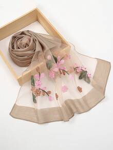 1 pieza Elegante bufanda de seda con estampado de cuadros y flores de imitación de perlas para mujer, chal de unicolor, pañuelo casual para la cabeza/cuello, adecuado para uso diario en otoño/invierno, puede ser un accesorio para vestidos - Caqui - Ver 2