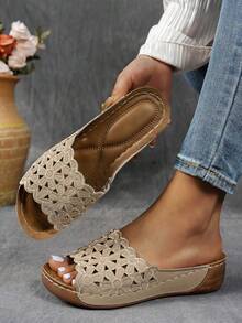 Damen Große Größen Elegante Lässig Flip Flops, Dicke Sohle Cut Out Einfarbige Keilsandalen, Neuer Europäischer und Amerikanischer Sommerstil - Khaki - Übersicht 2