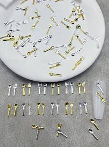 150pcs/Pack Mini Spoon & Fork Shaped Metal Nail Art Decoration, Gold & Silver Color, Nail Studs