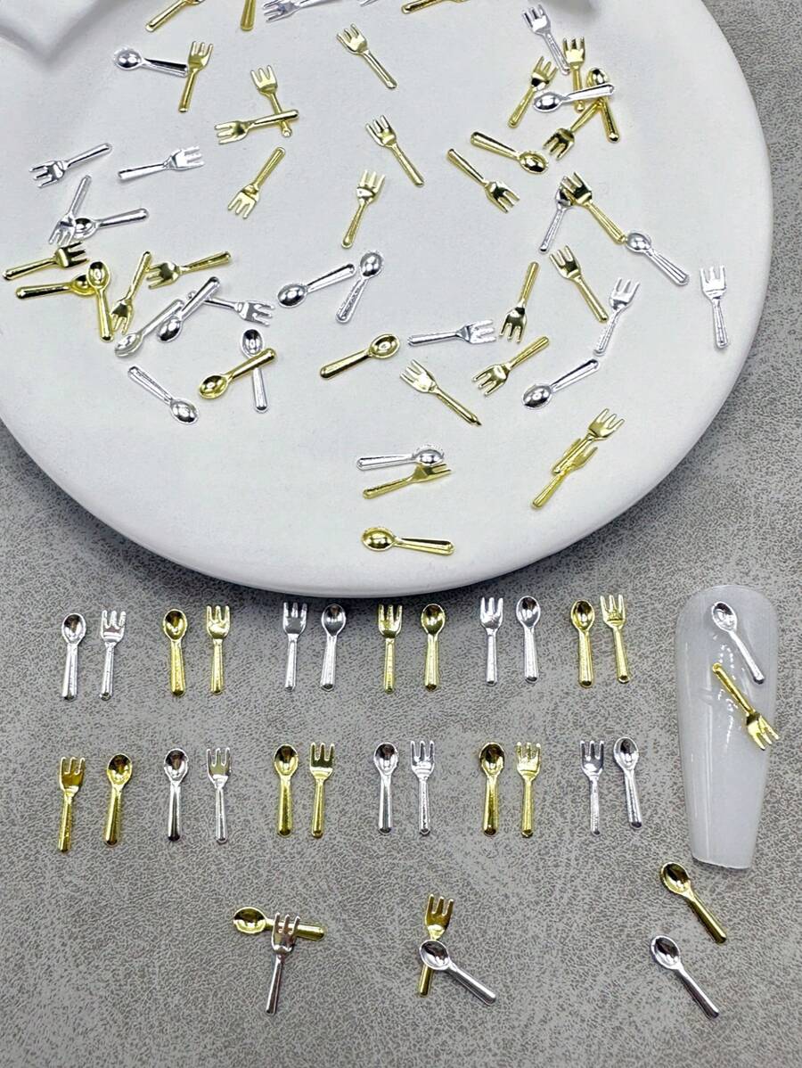 150pcs/Pack Mini Spoon & Fork Shaped Metal Nail Art Decoration, Gold & Silver Color, Nail Studs