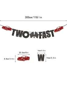 1 pieza Decoración de pancarta de fiesta de cumpleaños con temática de carreras de autos "Dos rápidas" para fiesta de cumpleaños - Multicolor - Ver 2