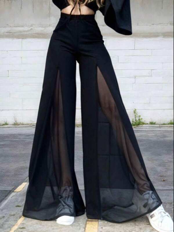 Pantalon Transparente de Tiro Alto con Corte Holgado para Mujer