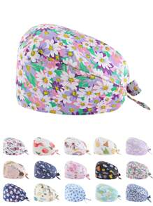 1 pieza Gorro de enfermera con estampado digital de flores, animales y corazones sobre fondo rosado, de mezcla de algodón. Adecuado para médicos, enfermeras, salones de belleza, hospitales veterinarios y profesionales de limpieza. Anti-bacterial y anti-polvo