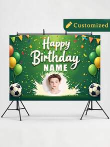 1pc Personalized Soccer Prince Birthday Banner, Customizable Photo And Name, Vinyl Poster, Sports Theme Party Decoration, Back To School - Multicolor - View 5