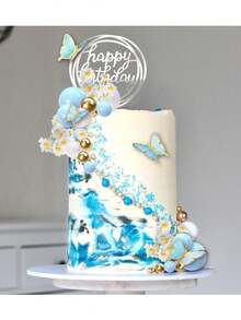 41 件蓝白球蛋糕装饰、蓝色蝴蝶、生日快乐亚克力蛋糕装饰、人造雏菊花、婚礼洗礼生日派对母亲节单身派对、雏菊花主题派对用品（蓝色）、圣诞节