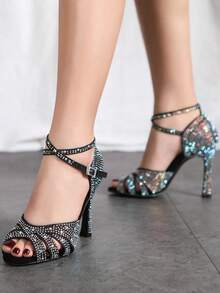 Giày khiêu vũ Satin Glitter Rhinestones dành cho nữ Giày khiêu vũ Latin Giày khiêu vũ Ballroom Giày cao gót Giày dự tiệc Giày nữ - màu đen - Xem 1