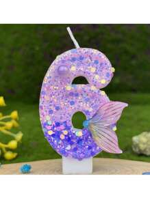 1 Stück lila Meerjungfrau Nummer Kerze, 0-9 Nummer Kerze, mit lila Pailletten und lila Fischschwanz, geeignet für Meerjungfrau-Thema Tortendekor, Geburtstagskerzeg, handgefertigt DIY Herstellung, Position kann leicht variieren