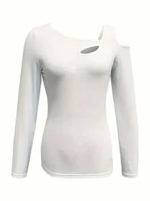 Top à manches longues asymétrique avec épaule ajourée, Top pour femmes, convient pour le printemps et l'automne - Blanc - Voir 2