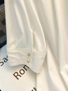 女士休闲简约金属复古纽扣商务优雅衬衫白色夏季短袖上衣 - 白色 - 查看 4