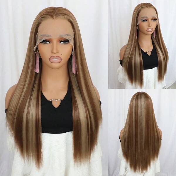 Ombre Blonde Highlights Mixed Color Heat Resistant Fiber Synthetic Lace Front Wigs 13x3 Free Part Pre Plucked Baby Hair Natural Hairline 22 Inches Long Silky Straight Hair Glueless Frontal Lace Wig For Women Party Daily Wear