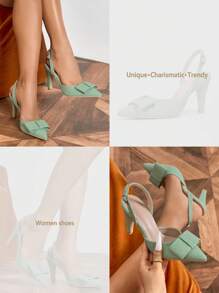 Fall/Winter Pale Green Pointed Toe High Heel Shoes With Backstrap, Spring/Summer Chunky Heel Women Sandals With Bowknot Buckle Strap,Elegant,Kitten Heels