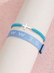 2pcs/Set Minimalist Stainless Steel Cross Bracelets & Wwjd Letter What Would Jesus Do Christian Jewelry Jacquard Knit Wristband Bracelet Set For Women For Party Jewelry