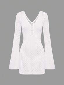 女士长袖镂空泳衣罩衫，优雅波西米亚海滩度假风，V领半身裙 - 白色 - 查看 9