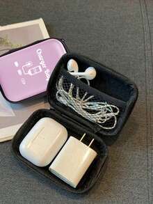 Portable Mini Storage Bag, Mobile Phone Charger Data Cable Organizer Bag, With Charging Cable Pattern - Pink - View 2