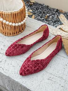 Women's Spring/Autumn Pointy Toe Burgundy Flat Shoes, Plus Size 35-45, Casual Daily Wear, Driving, Lightweight, Comfortable, Versatile, Random Pattern - Wine Red Checkered - View 6